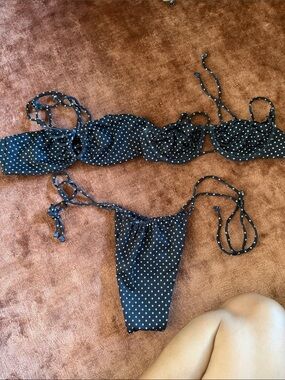Polka Dot Black String Bikini Set - Women Swim